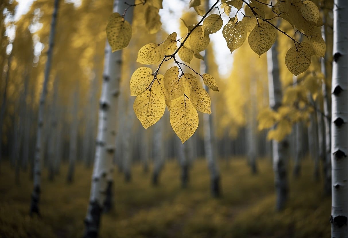A quaking aspen stands tall in a forest clearing, its smooth white bark marked with black scars. Its leaves tremble in the breeze, creating a soft, whispering sound. The tree is surrounded by other aspens, forming a dense
