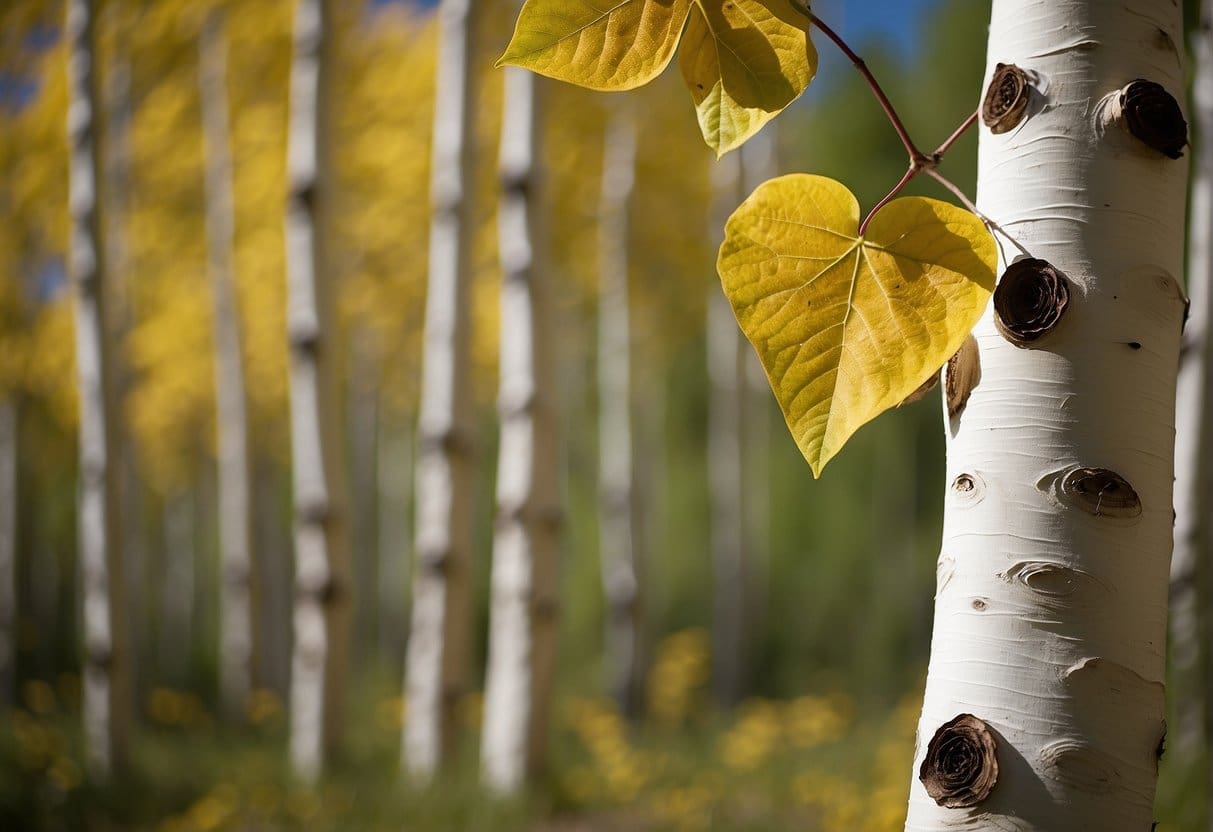 A quaking aspen tree with heart-shaped leaves, smooth white bark, and fluttering in the wind. Surrounding trees show signs of seasonal change with colorful foliage