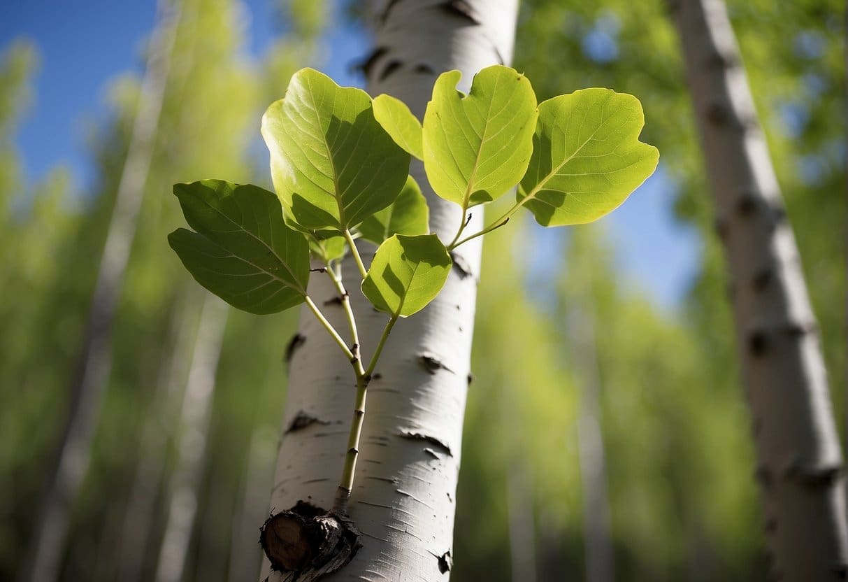 A young quaking aspen sapling stands tall among a cluster of mature trees, its smooth, white bark marked with black scars and its leaves shimmering in the sunlight