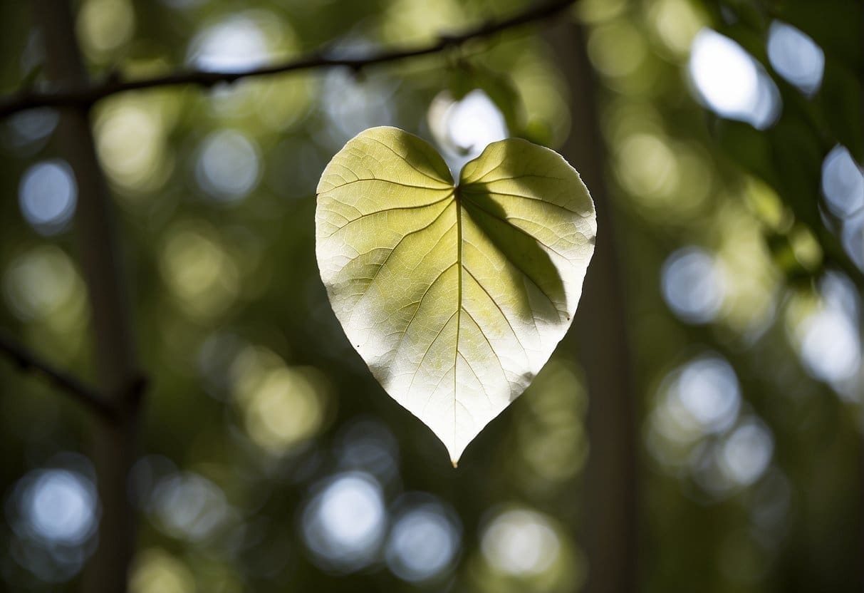 Sunlight filters through the forest canopy, illuminating the distinctive white bark and fluttering leaves of the quaking aspen. A small cluster of heart-shaped leaves quiver in the gentle breeze, while the tree's slender, smooth trunk stands tall and