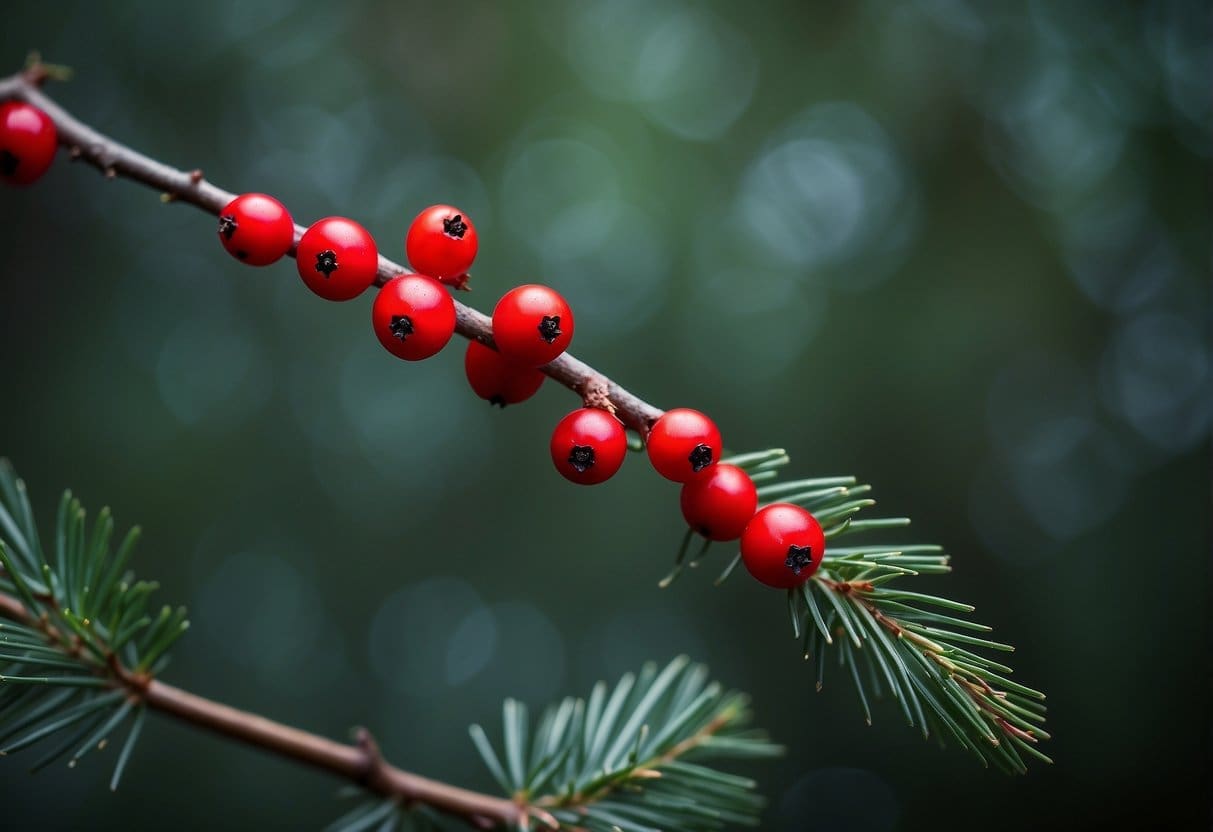 A close-up of a pacific yew branch with distinctive red berries and needle-like leaves, set against a backdrop of a dense forest.  Berries can help in Pacific Yew Identification.