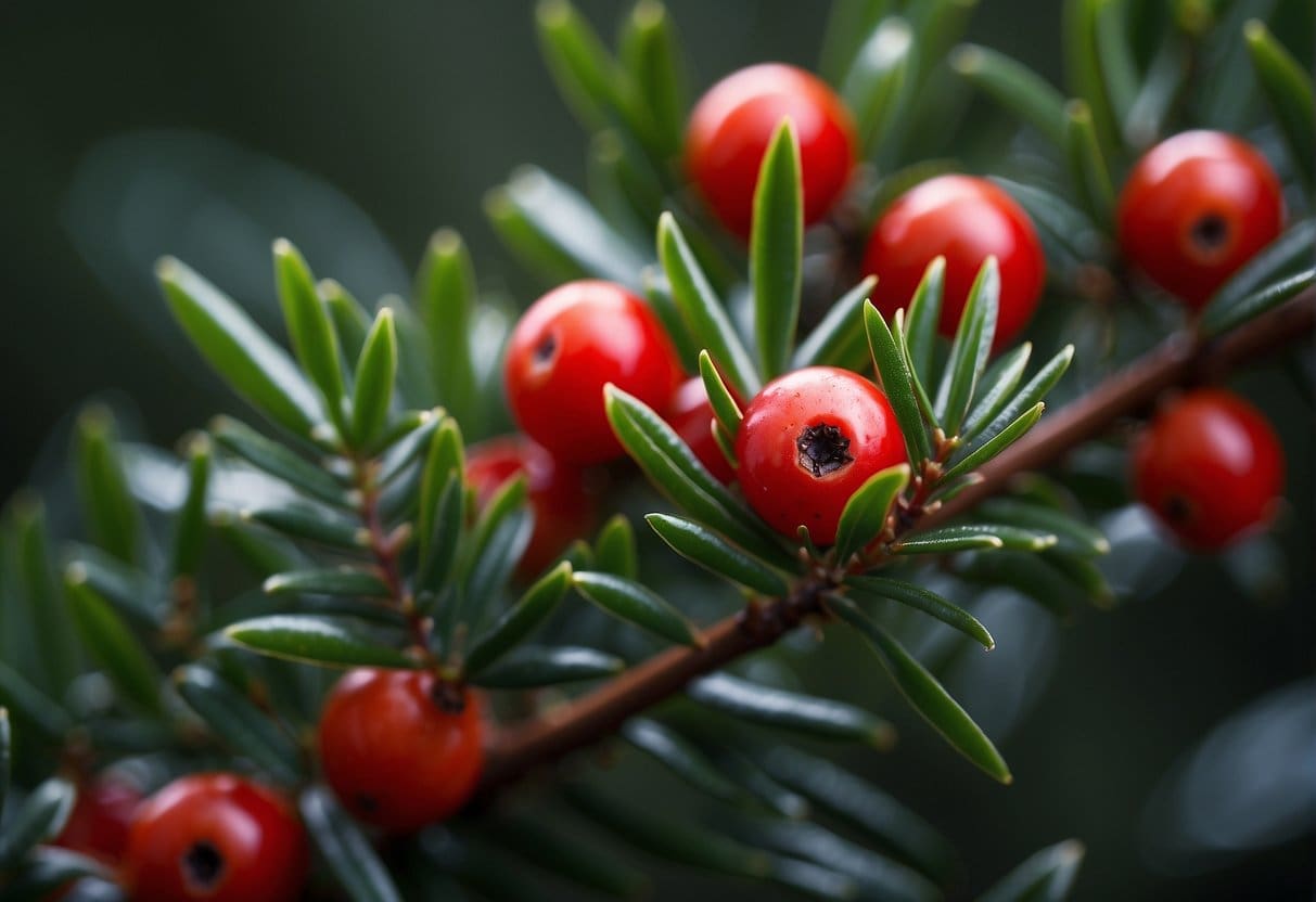 A close-up view of a pacific yew branch with distinctive red berries and flat, needle-like leaves