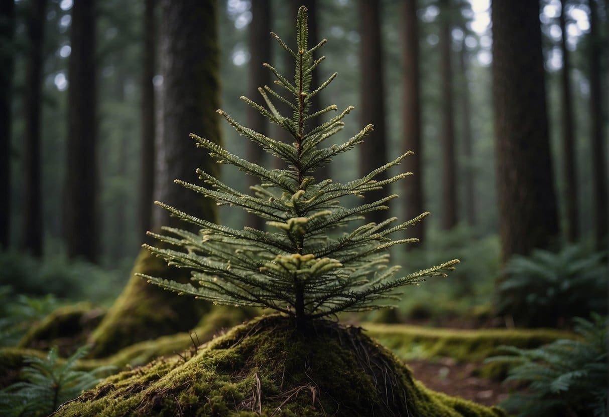 A tall Sitka spruce tree stands in a dense forest, with drooping branches and sharp, needle-like leaves. Its bark is dark and rough, with distinctive cones hanging from the branches