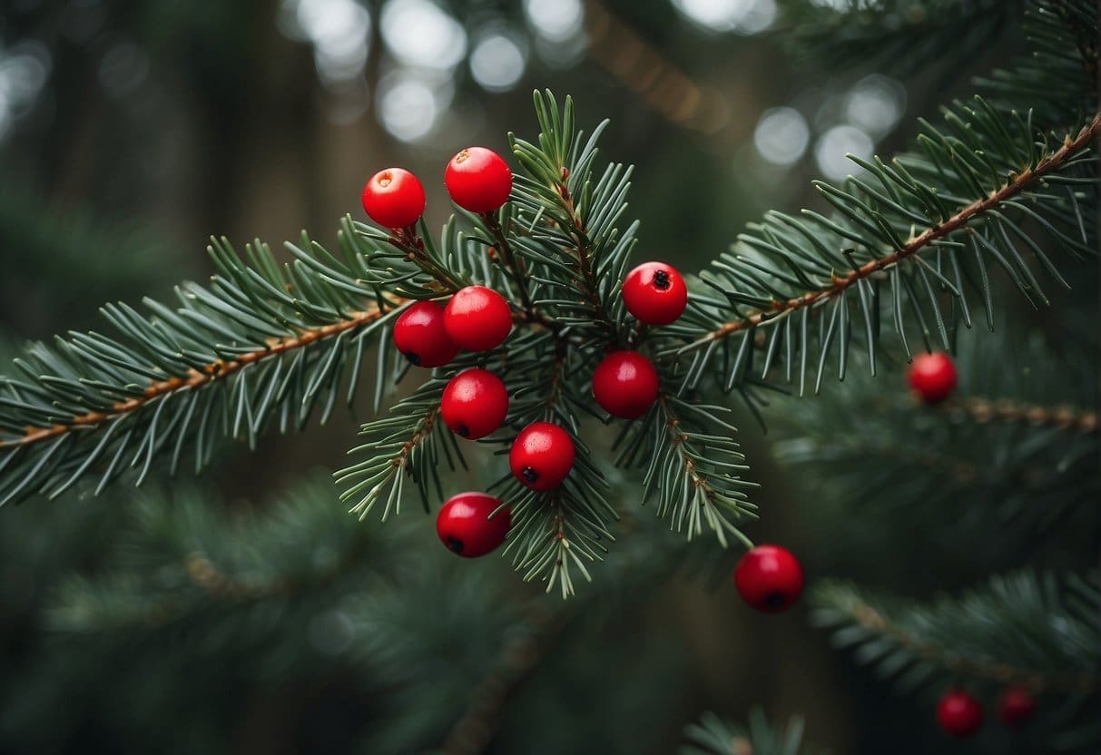 A close-up of a pacific yew tree with dark green needles and red berries, surrounded by a forest of coniferous trees