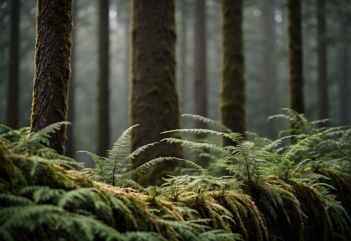 A tall Sitka spruce stands in a dense forest, with its distinctive long, drooping branches and thin, scaly bark. Surrounding vegetation includes ferns, moss, and other conifers