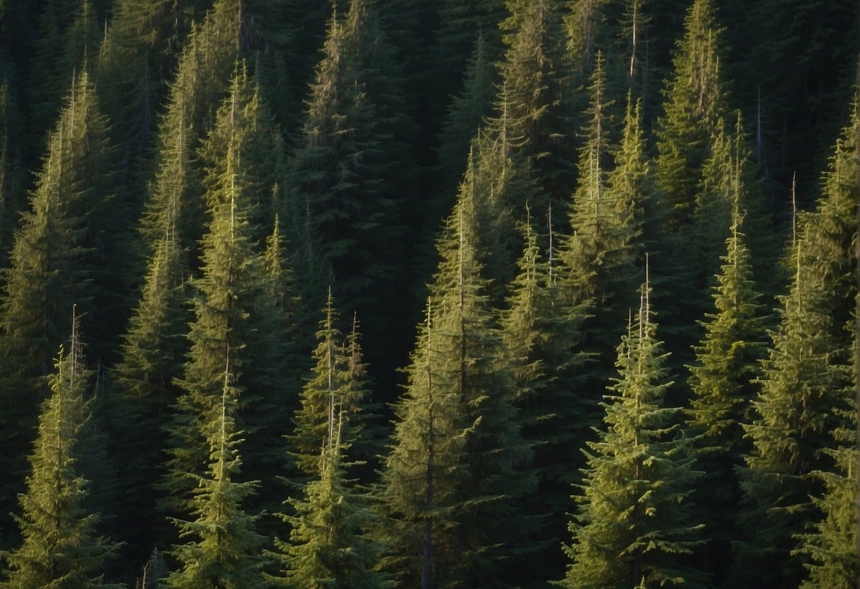 A dense forest of Sitka spruce trees, reaching heights of 200 feet with drooping branches and sharp, needle-like leaves. The trees are typically found in coastal regions of the Pacific Northwest