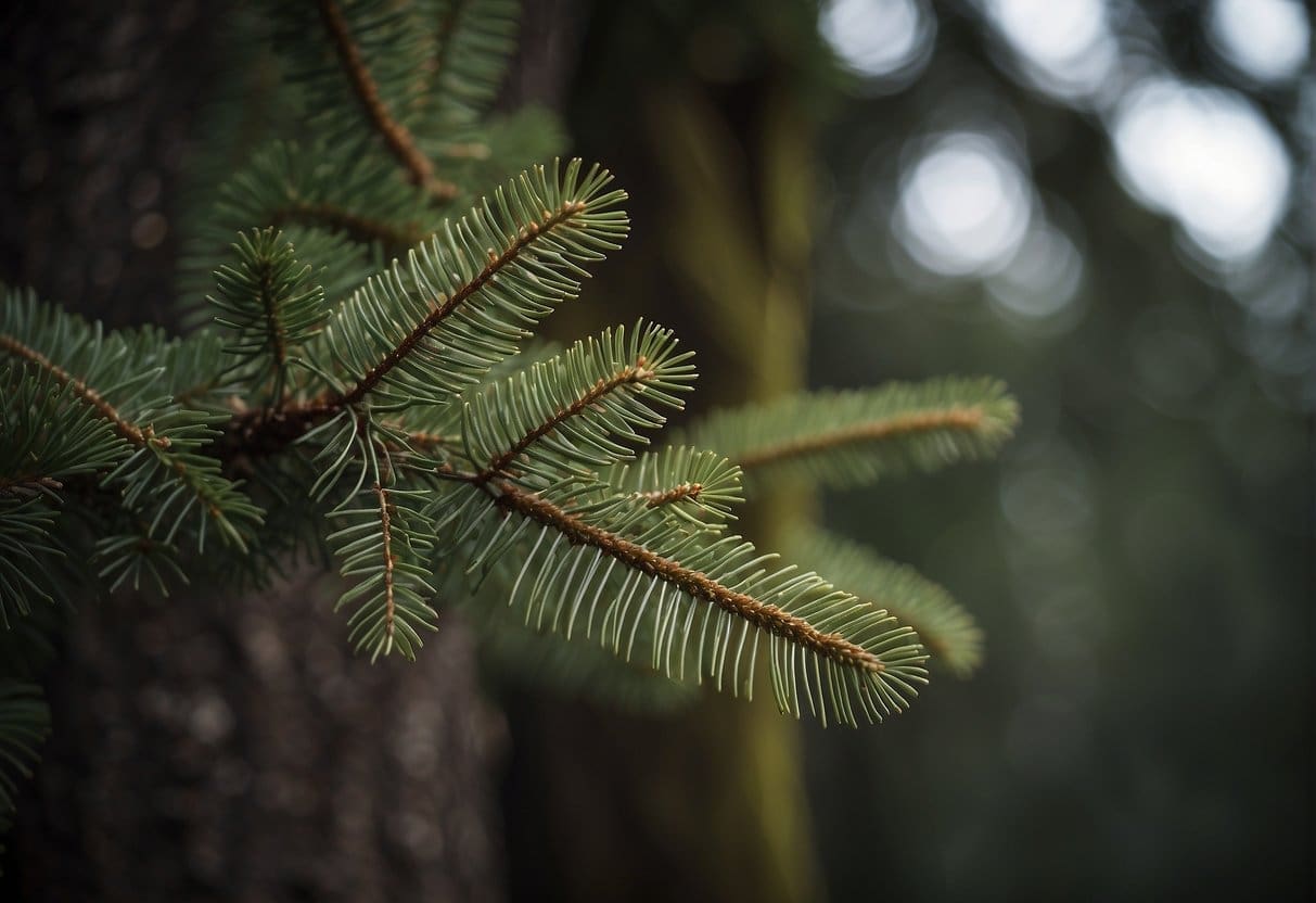 thin, drooping branches, needle-like leaves, and rough, greyish-brown bark. The needles can help in Sitka Spruce identification