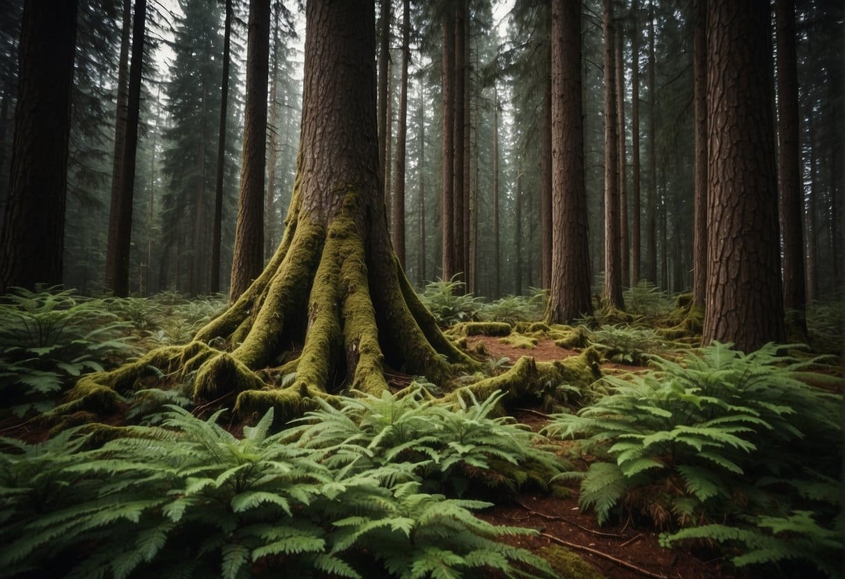 A Sitka spruce tree stands tall in a dense forest, with its thin, straight trunk and drooping branches covered in needle-like leaves. The tree is surrounded by other coniferous trees, and the forest floor is carpeted with fallen needles