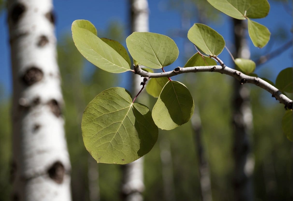A quaking aspen's smooth white bark with black knots, heart-shaped leaves with fine teeth, and fluttering in the wind