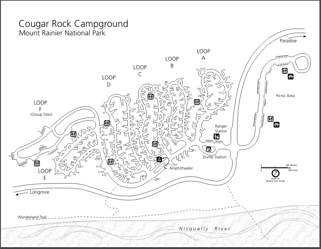 Detailed map of Cougar Rock Campground in Mount Rainier National Park, showing campsites and facilities.