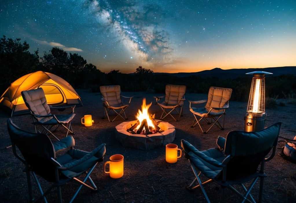 fall camping essentials.  A cozy campfire with camp chairs arranged in a circle under a star lit sky with a propane heat tower.