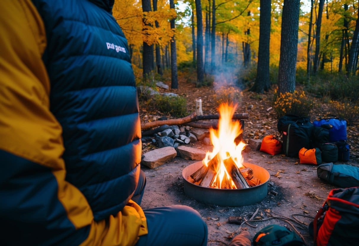 A cozy campsite with a crackling fire, surrounded by colorful autumn foliage. A person's silhouette is visible wearing a Patagonia Nano Puff Jacket, with camping gear scattered around