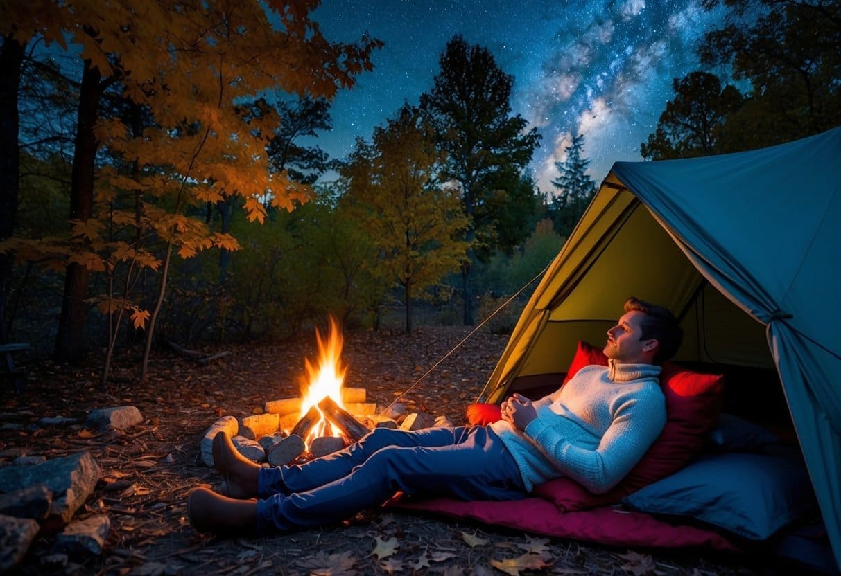 A cozy campsite with a tent surrounded by autumn foliage. A glowing campfire provides warmth as a person in a merino wool base layer relaxes under the starry night sky