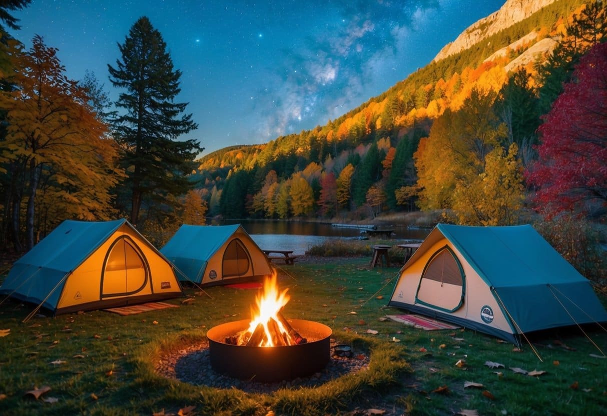 A picturesque campsite nestled amongst vibrant autumn foliage, with a crackling campfire and cozy tents set up under the clear starry sky