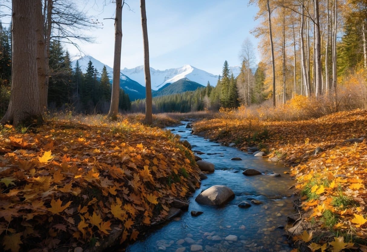 A serene forest with colorful leaves covering the ground, a clear stream running through, and a view of snow-capped mountains in the distance