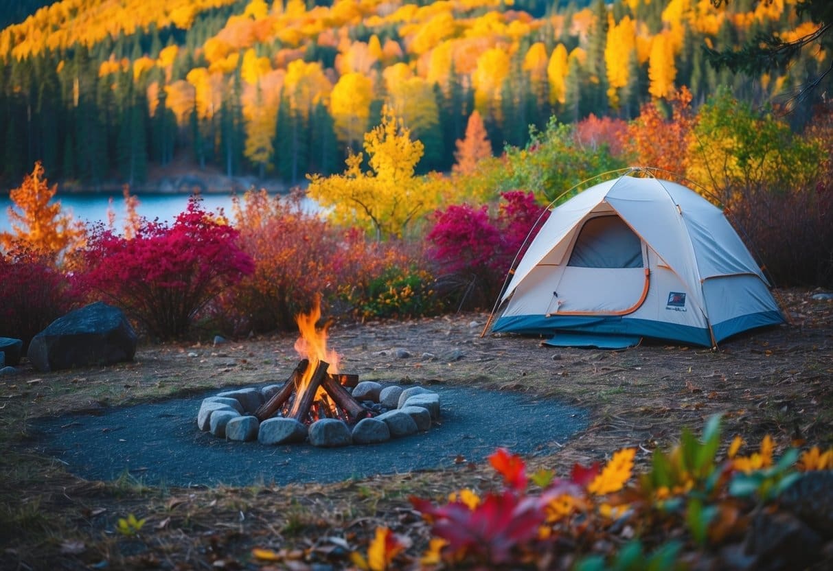 A serene campsite nestled among vibrant autumn foliage, with a crackling campfire and a cozy tent set against the backdrop of the Washington wilderness