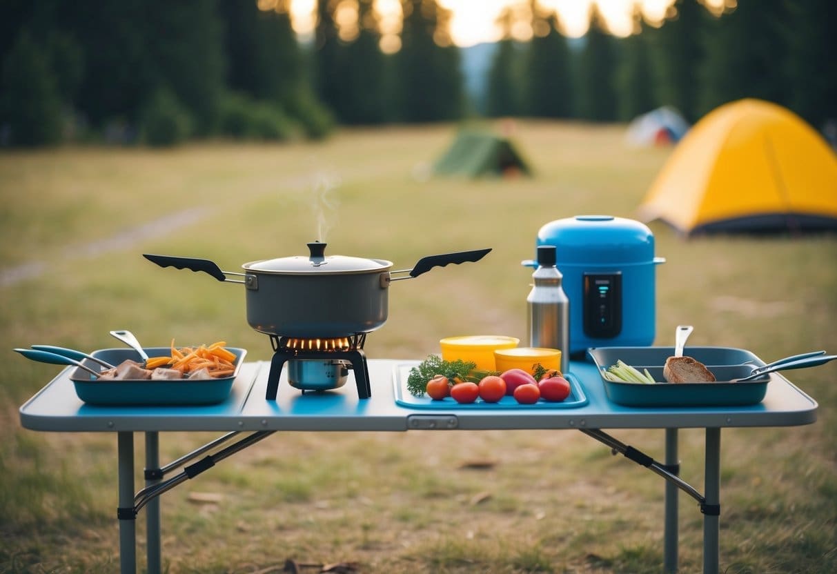 A campsite with a neatly organized outdoor kitchen setup, including a portable stove, cooking utensils, and food supplies laid out on a table or camping kitchen stand