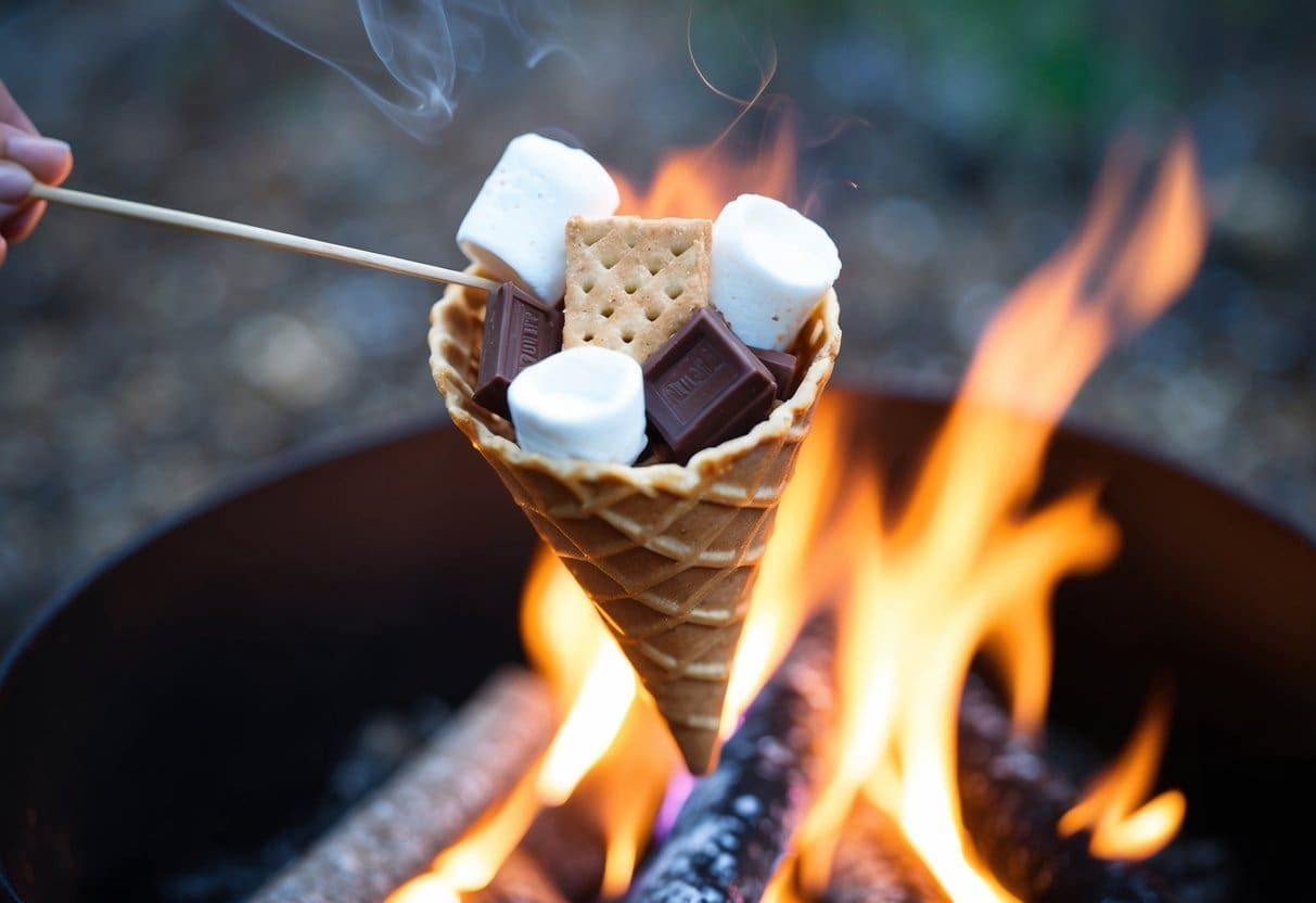 A waffle cone filled with marshmallows, chocolate, and graham crackers being roasted over a campfire