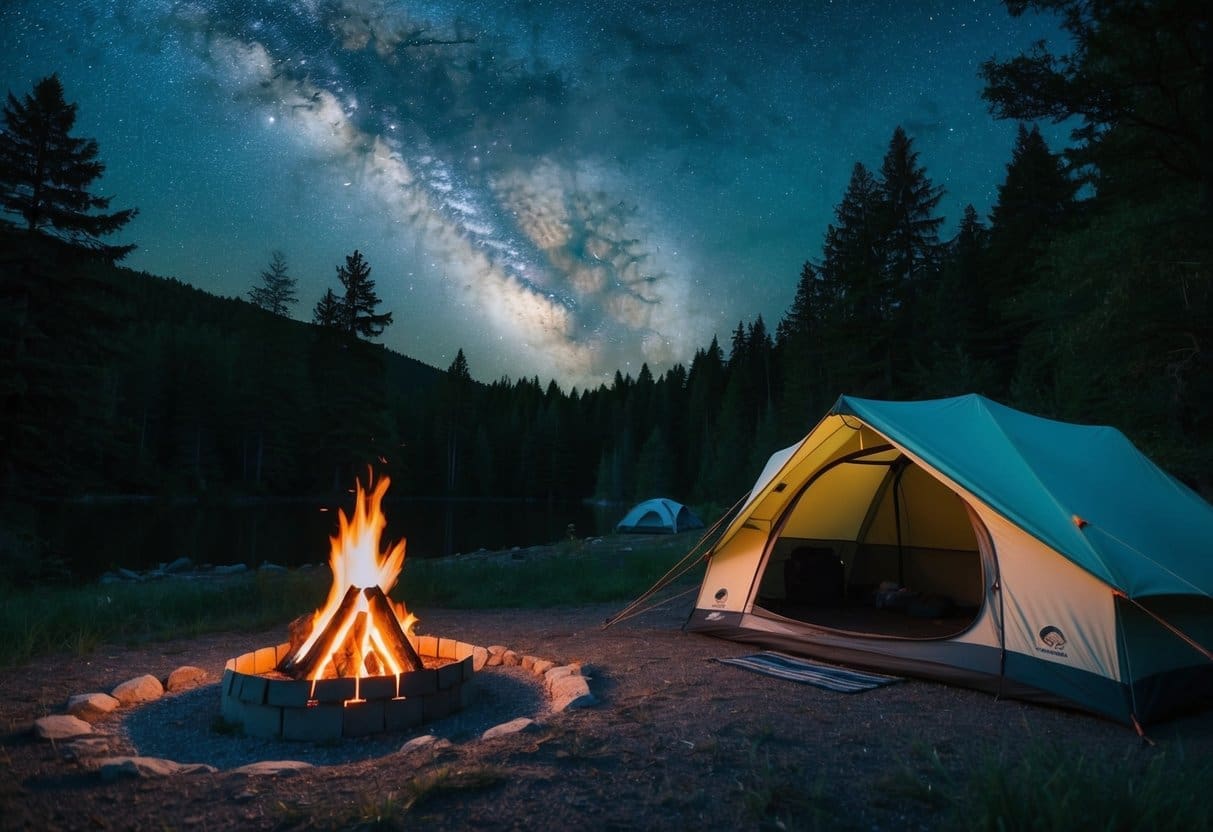 A serene campsite nestled in the forest, with a crackling campfire, cozy tent, and a starry night sky above