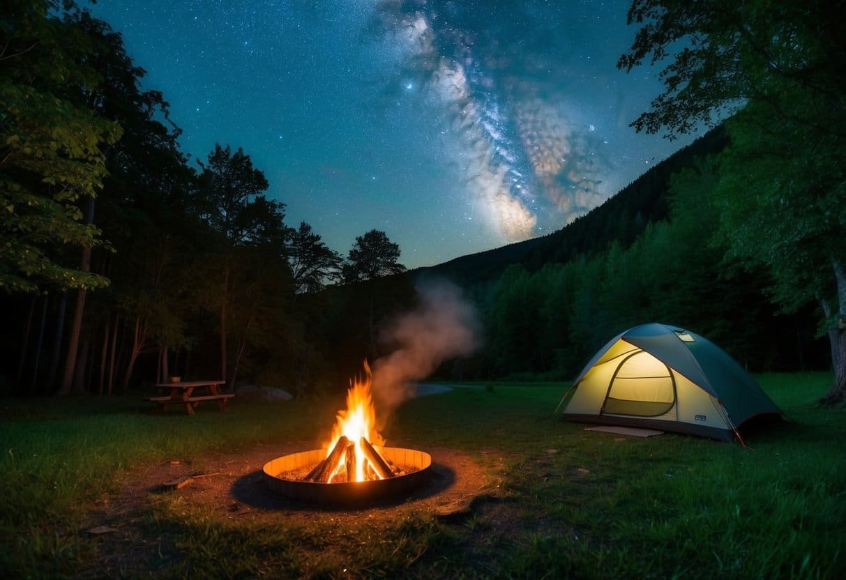 A serene campsite nestled in a lush forest, with a crackling campfire, a tent pitched nearby, and a clear night sky filled with stars above