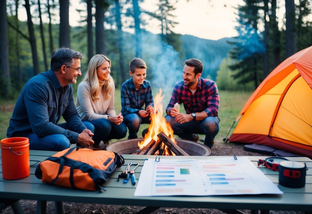 A family sits around a campfire, with a tent and camping gear nearby. A map and checklist are spread out on a picnic table as they plan their first camping trip