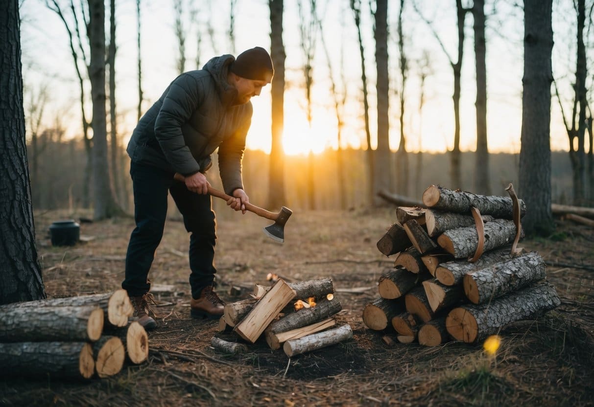 A person collects firewood and kindling in a forest clearing, with a small axe and a stack of logs nearby. The sun is setting, casting a warm glow over the scene