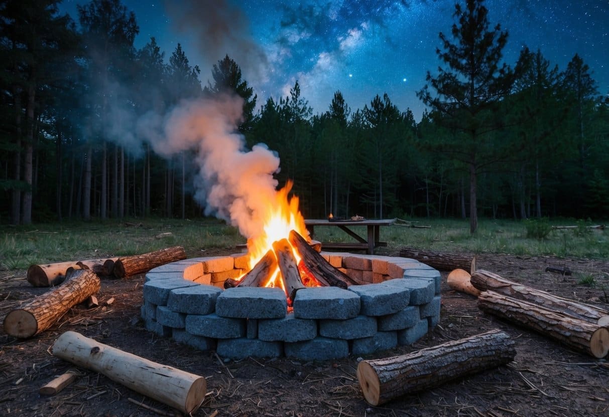 A clearing in the woods with a stone ring for a campfire, surrounded by logs and kindling. Smoke rises from the crackling flames under a starry sky