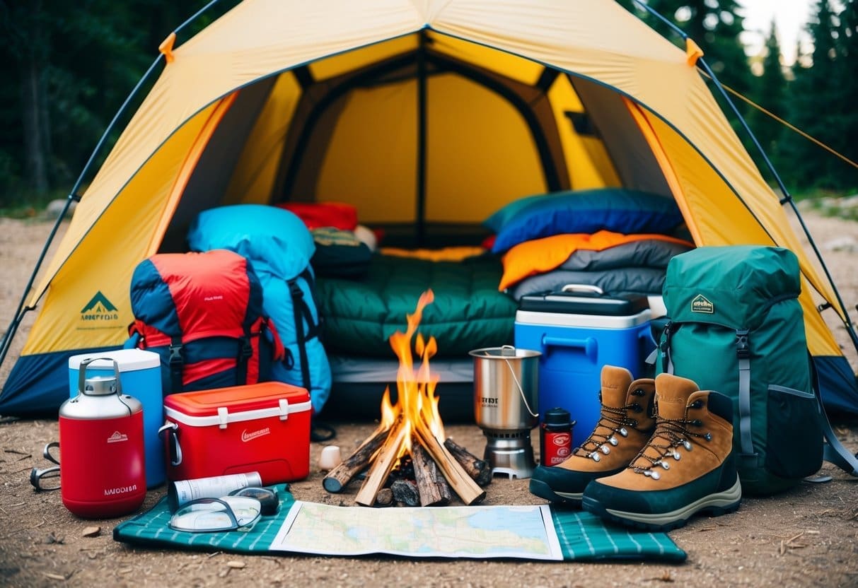 A campsite with a tent, sleeping bags, backpacks, cooler, hiking boots, campfire, cooking supplies, lantern, map, and compass