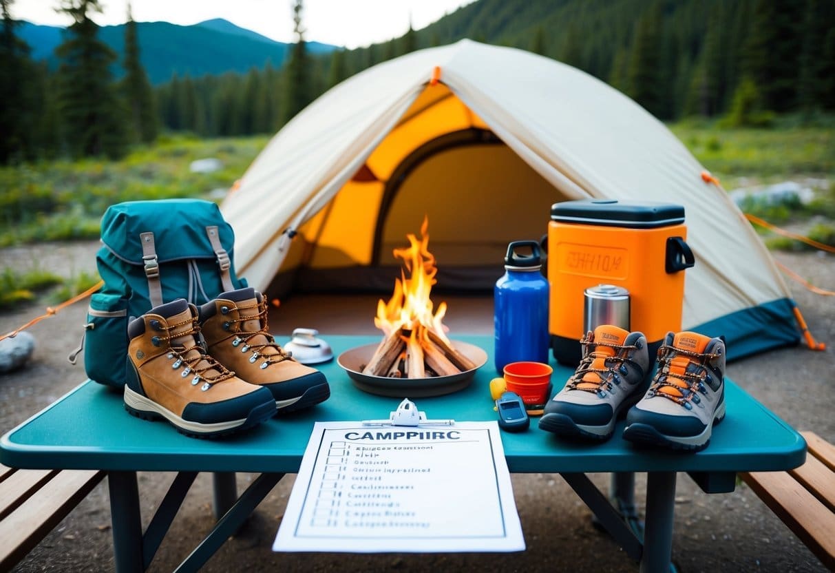 A campsite with a tent, campfire, cooler, backpack, hiking boots, and a checklist of camping essentials spread out on a picnic table