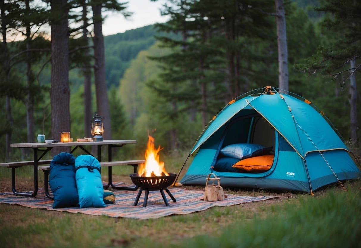 A cozy campsite with a tent, sleeping bags, a lantern, a campfire, and a picnic table surrounded by trees and a serene natural setting