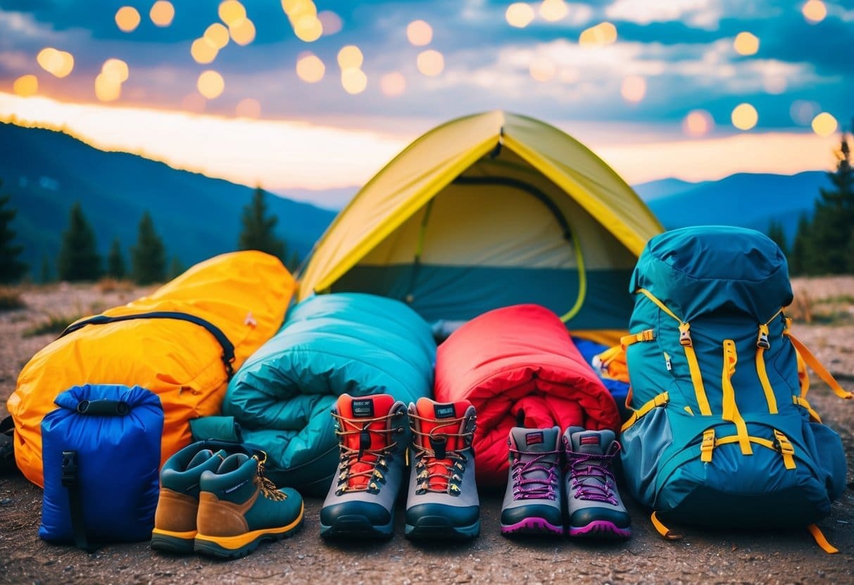 A colorful array of camping gear including a tent, sleeping bags, hiking boots, and backpacks laid out on the ground