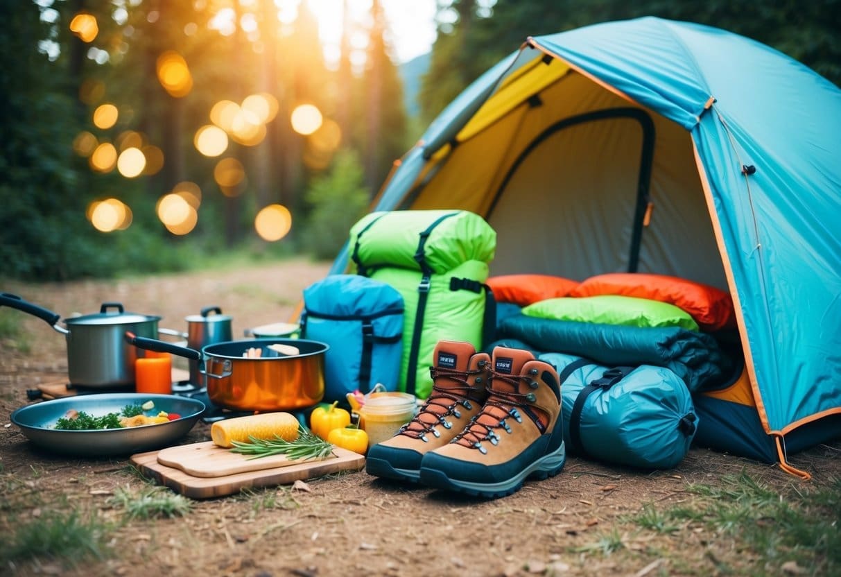 A camping scene with a tent, backpack, sleeping bag, hiking boots, cooking supplies, and outdoor gear scattered around