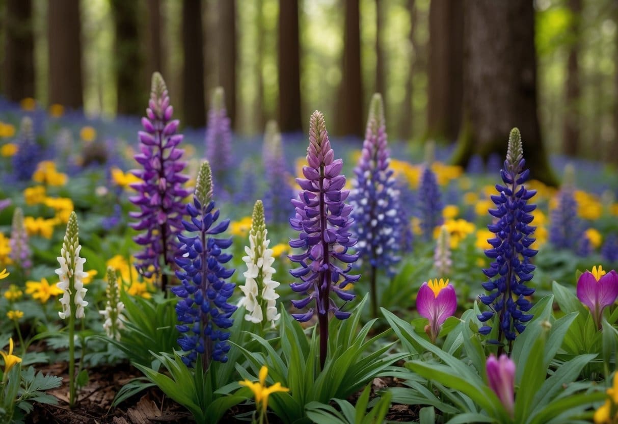 A colorful array of wildflowers, including lupine, Indian paintbrush, and trillium, dotting the forest floor in the Pacific Northwest