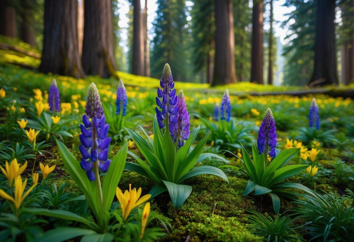 A lush forest floor with vibrant wildflowers such as trillium, lupine, and Indian paintbrush, surrounded by towering evergreen trees in the Pacific Northwest