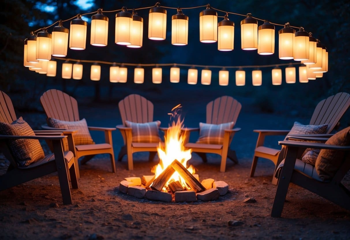 A circle of battery-powered lanterns casting a warm glow around a campfire, surrounded by cozy chairs and blankets