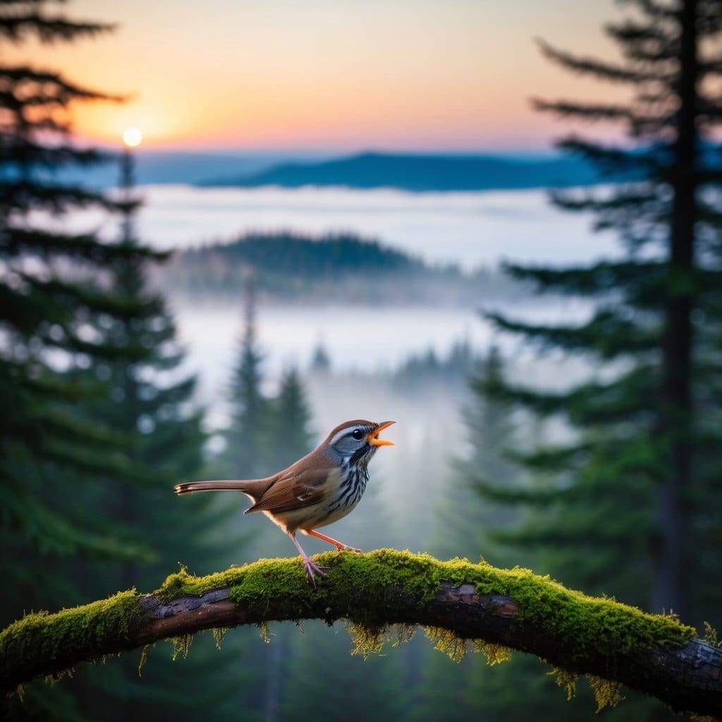 A lush Pacific Northwest forest at sunrise, filled with mist and towering evergreen trees. A small Pacific Wren is perched on a mossy branch, singing a vibrant song. Light filters through the trees, creating a peaceful and enchanting atmosphere. 