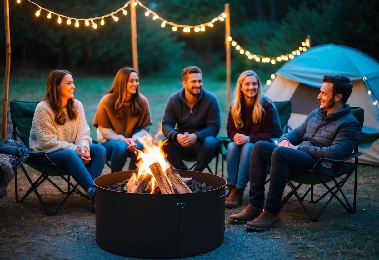 A group of friends sit around a crackling portable fire pit, surrounded by cozy blankets and camping chairs, with fairy lights strung up around the area, creating a warm and inviting atmosphere