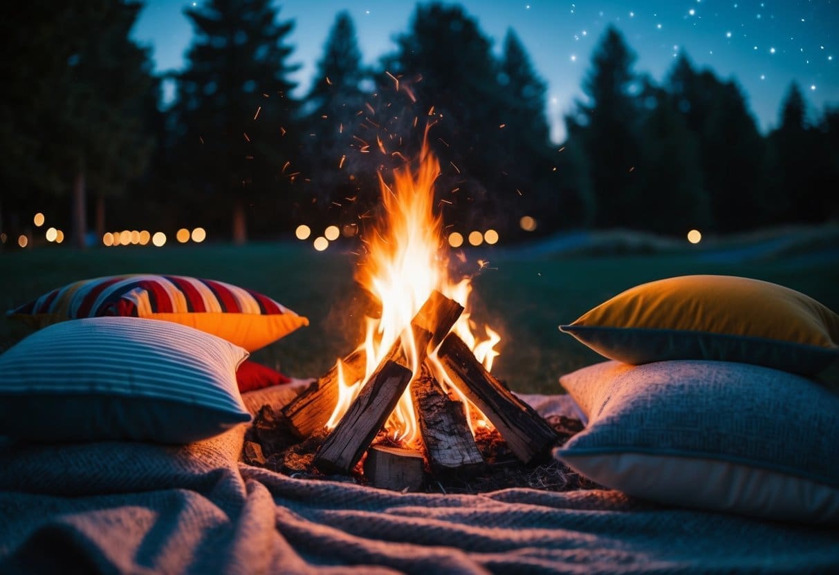 A crackling campfire surrounded by colorful blankets and pillows, with soft lighting and a backdrop of trees and stars
