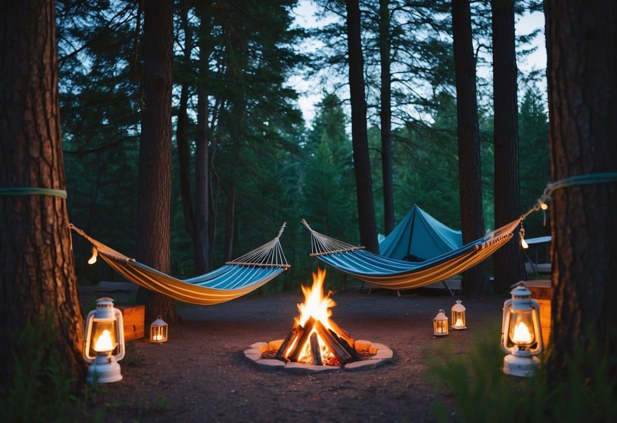 A tranquil campground scene with hammocks strung between trees, surrounded by cozy lanterns and a crackling campfire