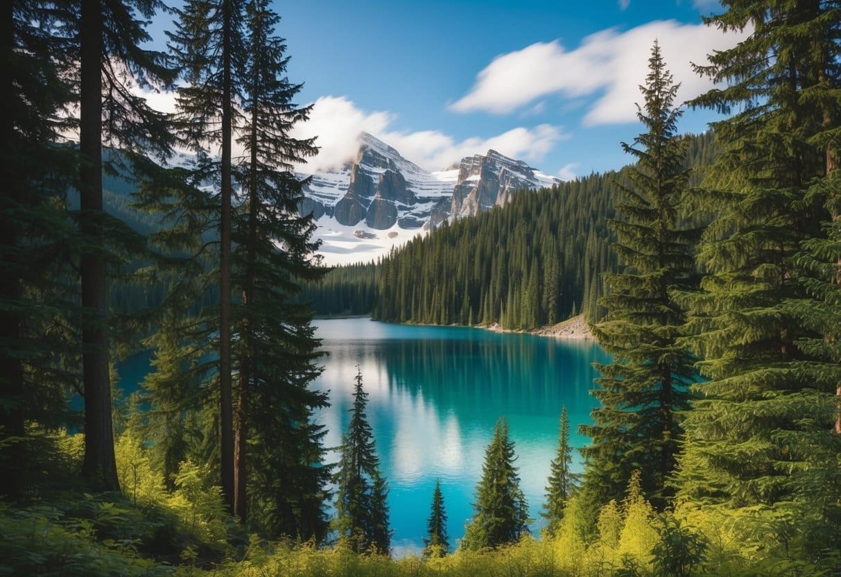 Crystal-clear alpine lake surrounded by evergreen forest and snowy peaks, representing the high-altitude beauty of Washington ecosystems.