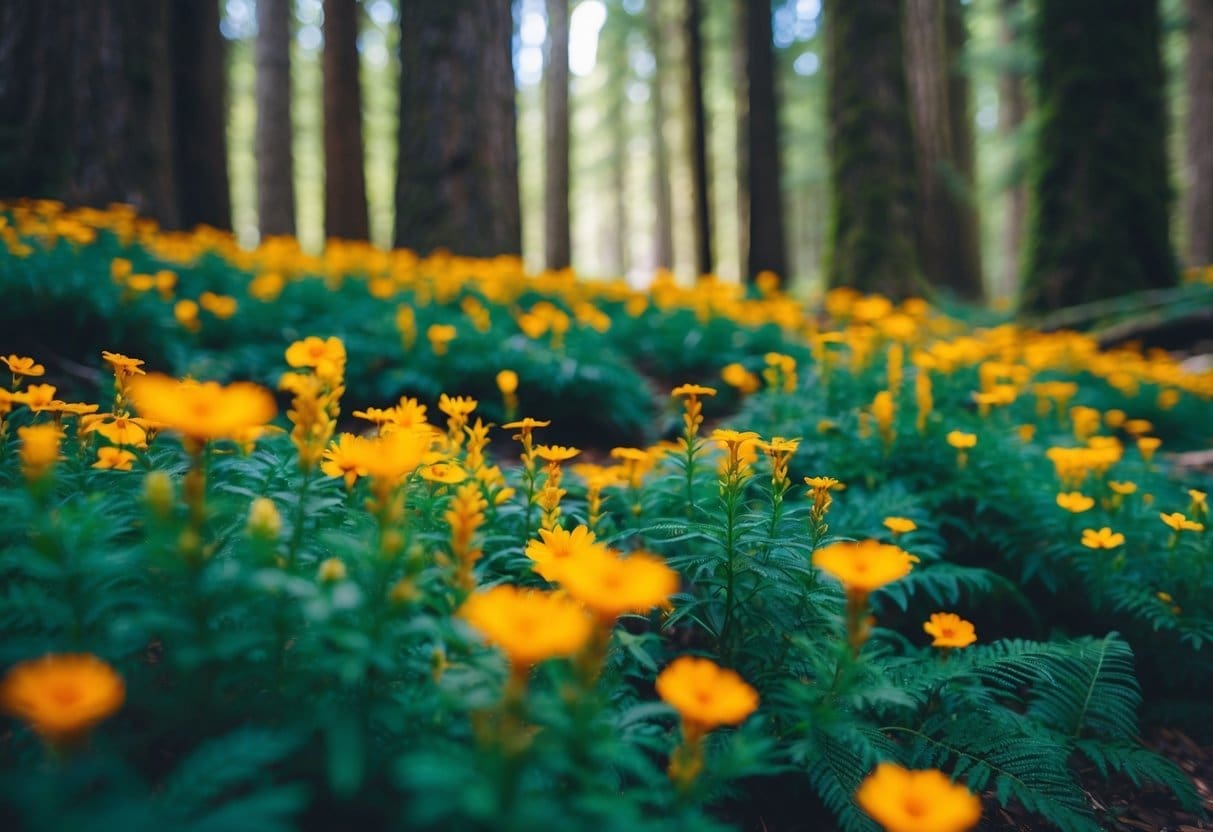 Temperate rainforest bursting with colorful wildflowers in the Pacific Northwest