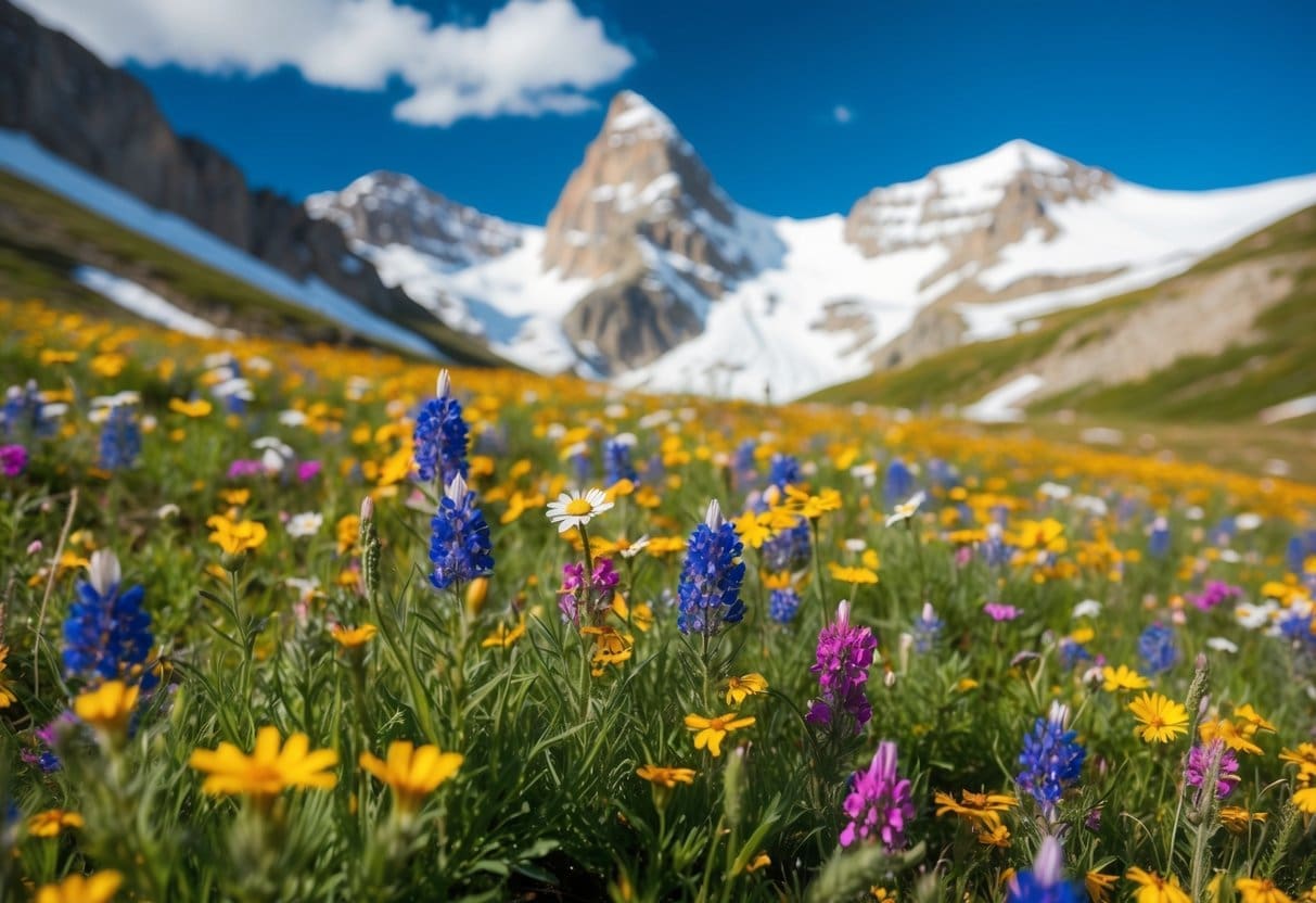 Colorful wildflowers blanket the alpine and subalpine meadows, with a backdrop of snow-capped peaks and clear blue skies