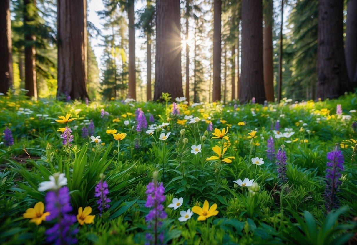 A lush forest floor with vibrant wildflowers in shades of purple, yellow, and white, surrounded by towering evergreen trees and dappled sunlight filtering through the canopy