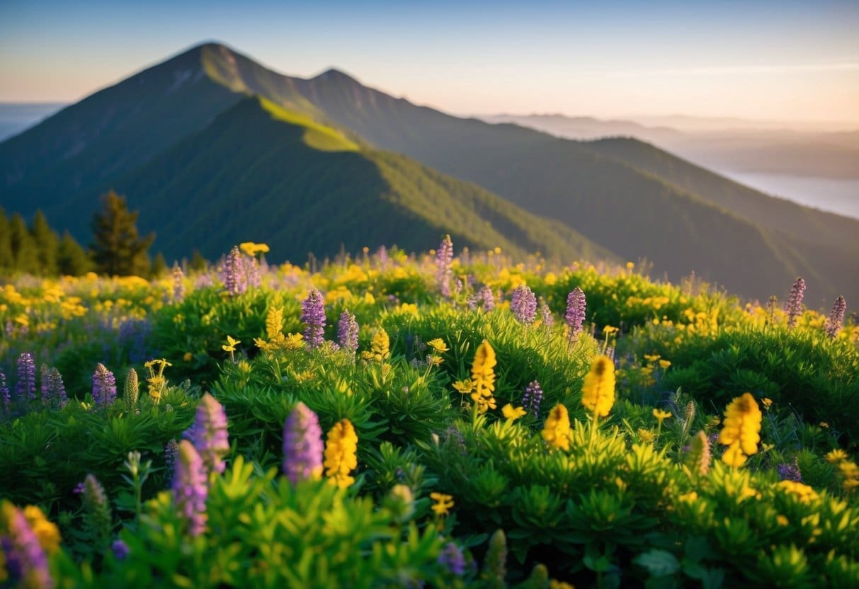 A lush mountainside in the Pacific Northwest, covered in a colorful array of wildflowers, with the sun casting a warm glow over the landscape